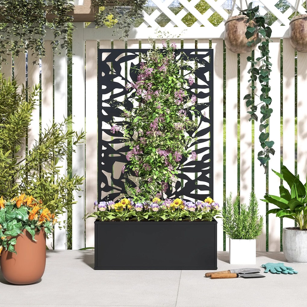 Outsunny Ültető Virágágyás Trellis-szel, Magánéletet Védő, Kültéri Fém Ültető, Lábakon vagy Falra Rögzíthető, Teljes Levél Mintás, Téglalap Alakú Virá