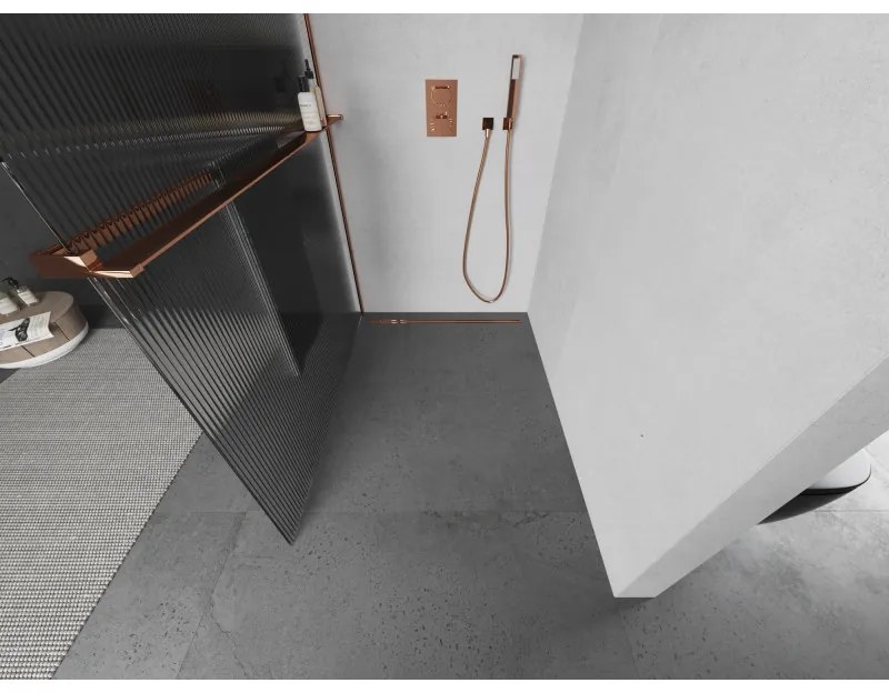 Mexen Kioto, zuhanyparaván polccal és törülközőtartóval 90 x 200 cm, 8 mm-es üveg bordás mintával, rózsaszín arany profil, 800-090-121-60-09