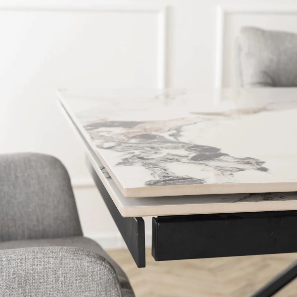 Kihúzható kerámia étkezőasztal 180–240 cm méretben, fehér márvány/tölgy színben REX 2