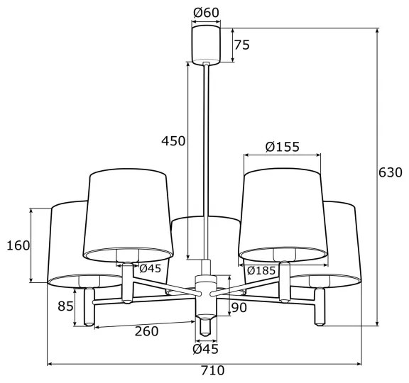 Argon 2085 - PONTE 5xE27/15W/230V függeszték, réz/kék