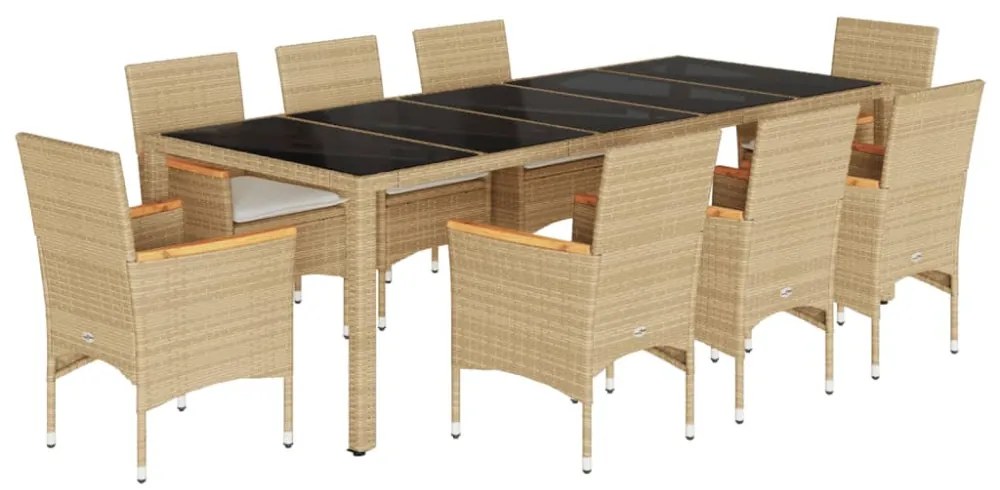 vidaXL 9 részes bézs polyrattan/üveg kerti étkezőgarnitúra párnákkal