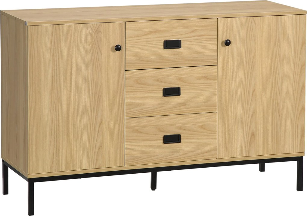 HOMCOM Konyhai Buffet Tároló Szekrény 2 Szekrénnyel Állítható Polccal 3 Fiókkal Modern Stílus - 120 x 39.5 x 77 cm Természetes | Aosom
