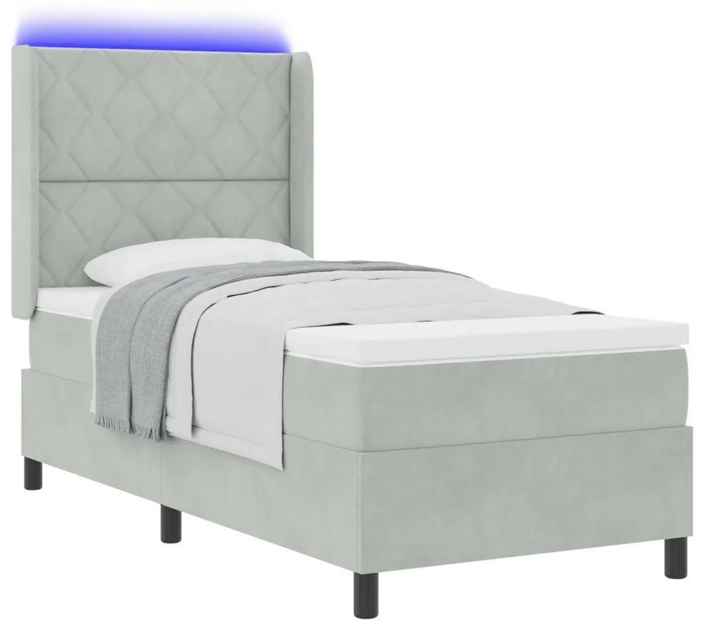 Box Spring Ágy Matraccal és LED Fény Világosszürke 90x190 cm Bársony