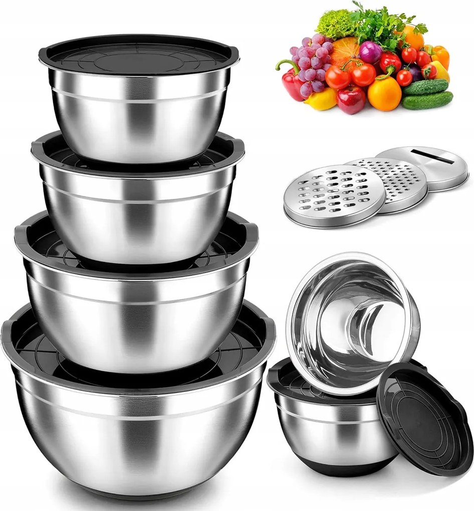 5x Konyhai tál Acél Légmentesen Záródó Fedéllel az ételek habveréséhez