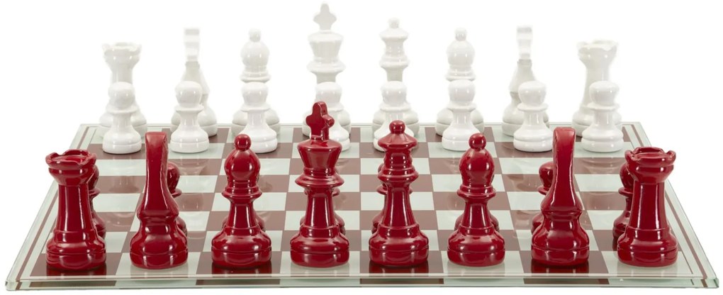 Classic Chess – piros-fehér sakk készlet üveg táblával 61X61X14 cm