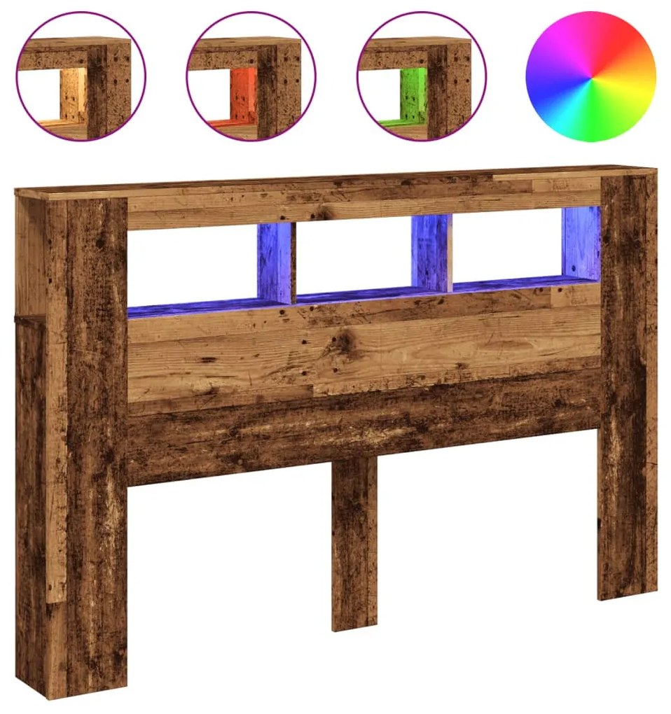 antik fa színű szerelt fa LED-es fejtámla 160x18,5x103,5 cm