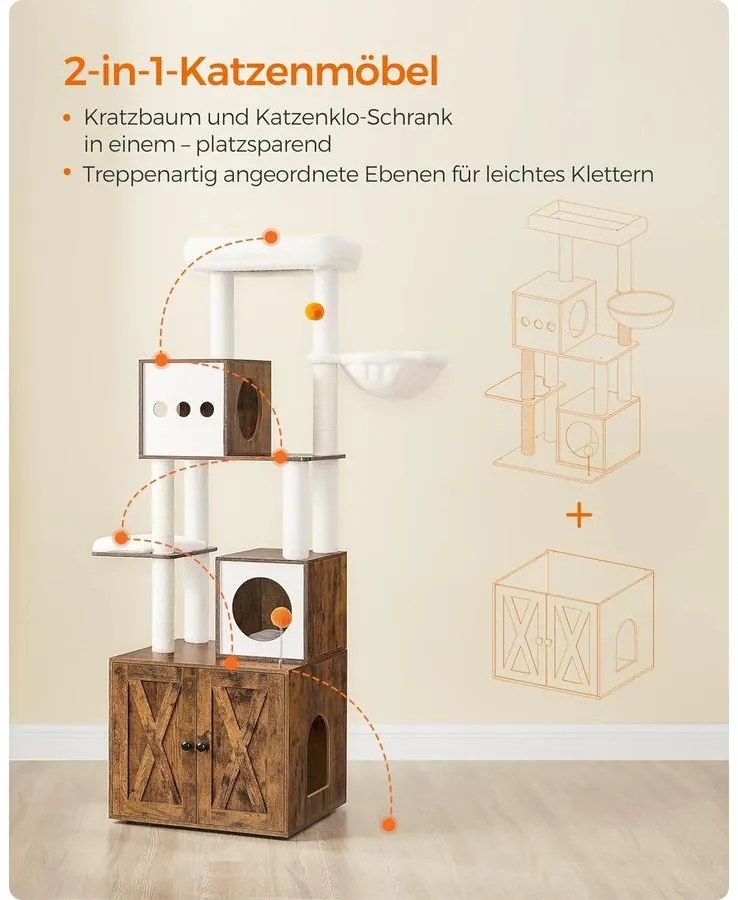 Macska kaparó, 185 cm magas macska kaparóoszlop alomdobozzal, rusztikus barna