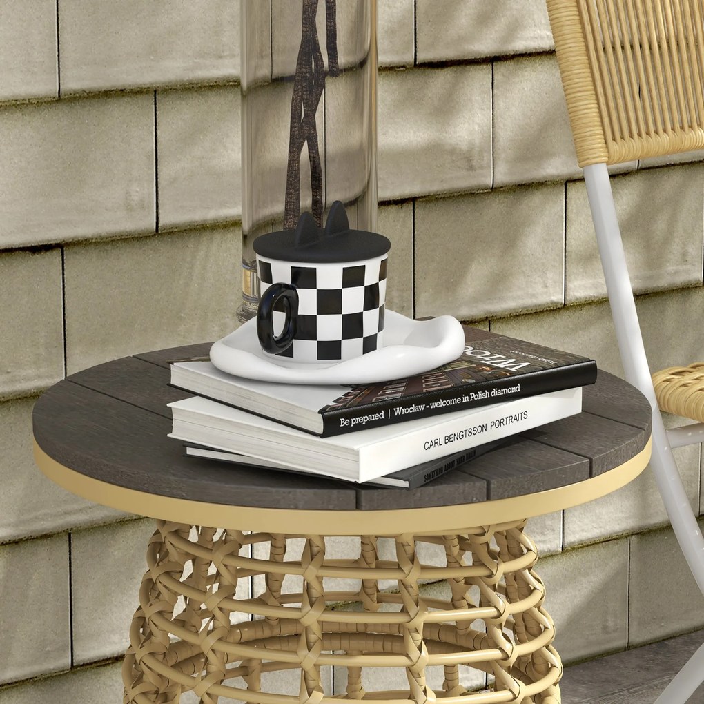 Outsunny Kerti Kávétábla, Kültéri Kerek Műgyanta Rattan-Külső Fém Oldaltábla Kompozit Toppal, Ø 45 x 50 cm Természetes | Aosom