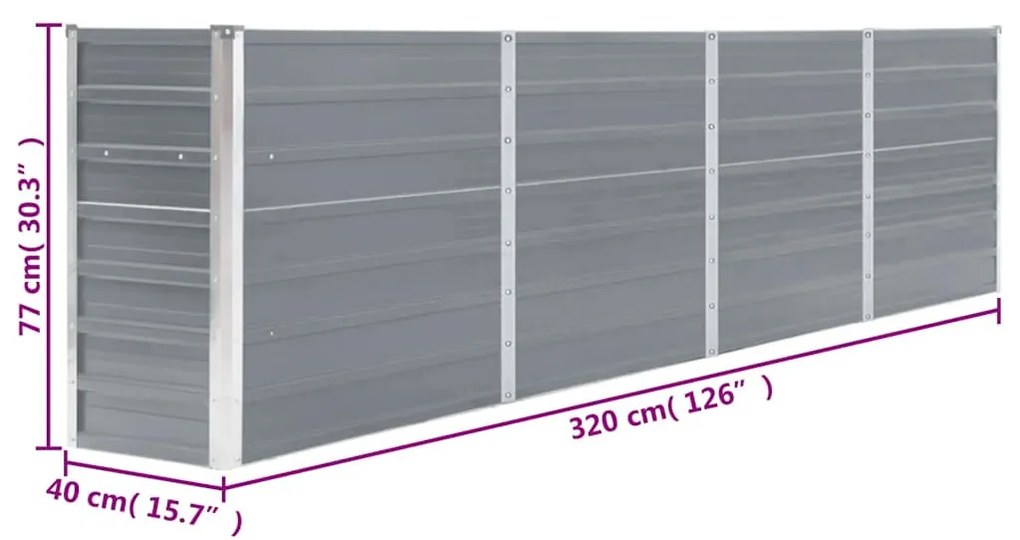 szürke horganyzott acél kerti magaságyás 320 x 40 x 77 cm