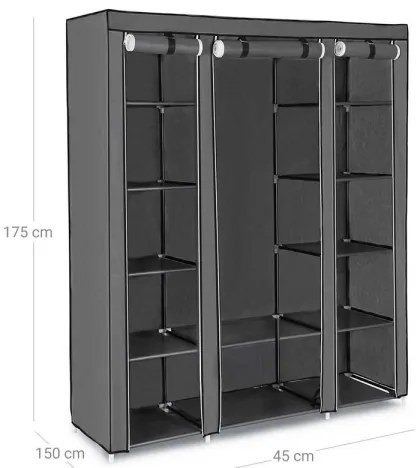 MATIS 150x175 cm tároló textilszekrény polcokkal és ruhatartó rúddal, szürke