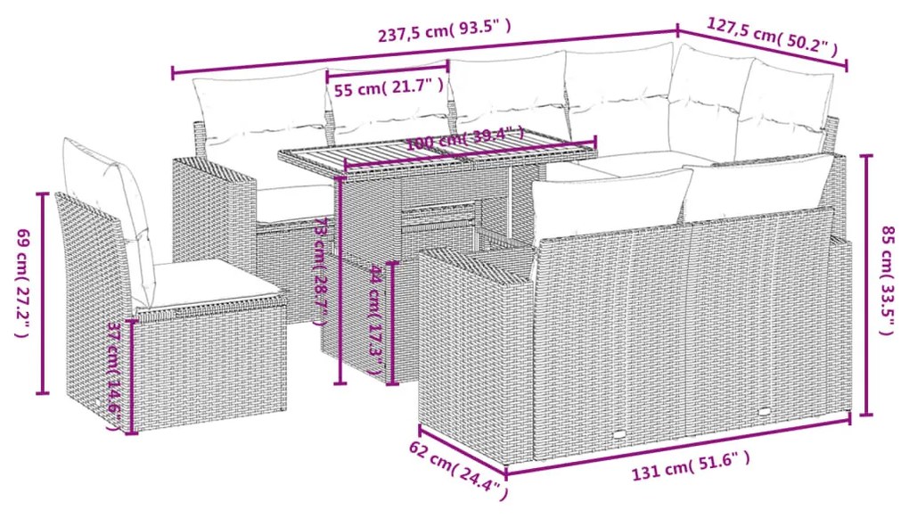 9-részes szürke polyrattan kerti ülőgarnitúra párnákkal