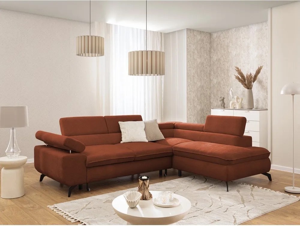 Terrakotta színű zsenília sarokkanapé (jobb oldali-L alakú) Marbeya – Ropez