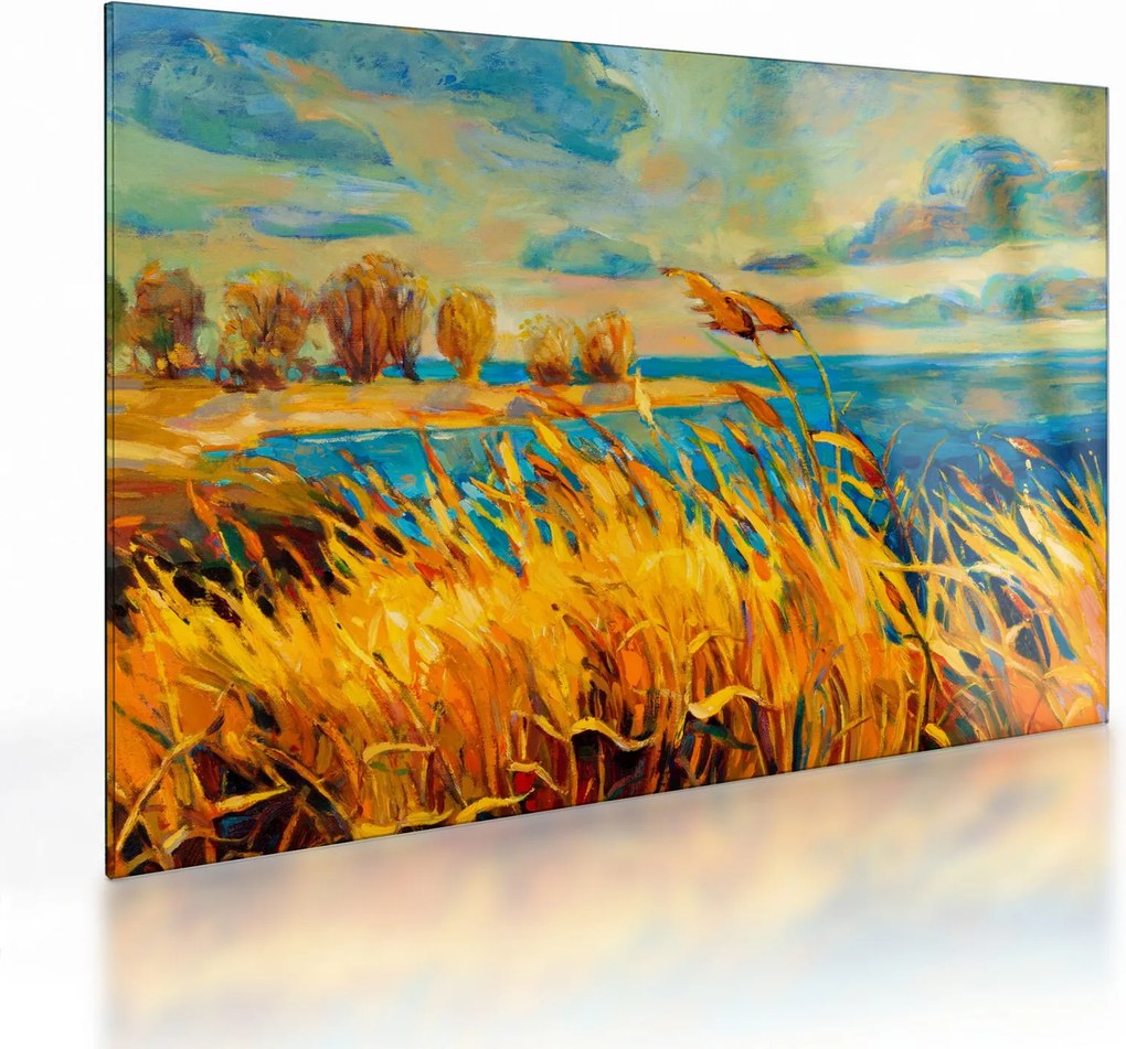 Kép - naplemente a tó felett, akril festmény (üvegen) (70x50 cm)