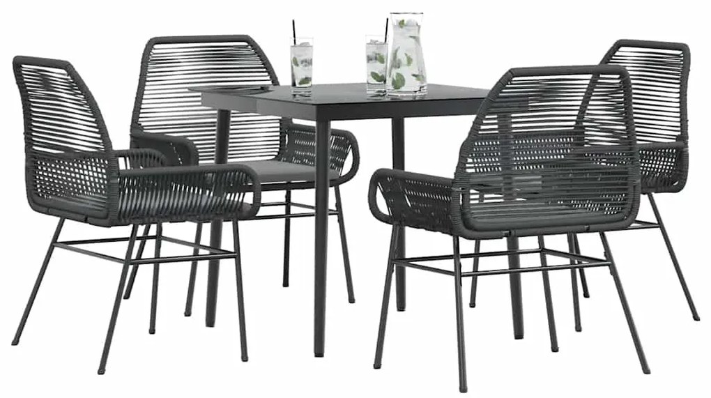 vidaXL 5 részes fekete polyrattan üveg kerti étkezőgarnitúra párnákkal