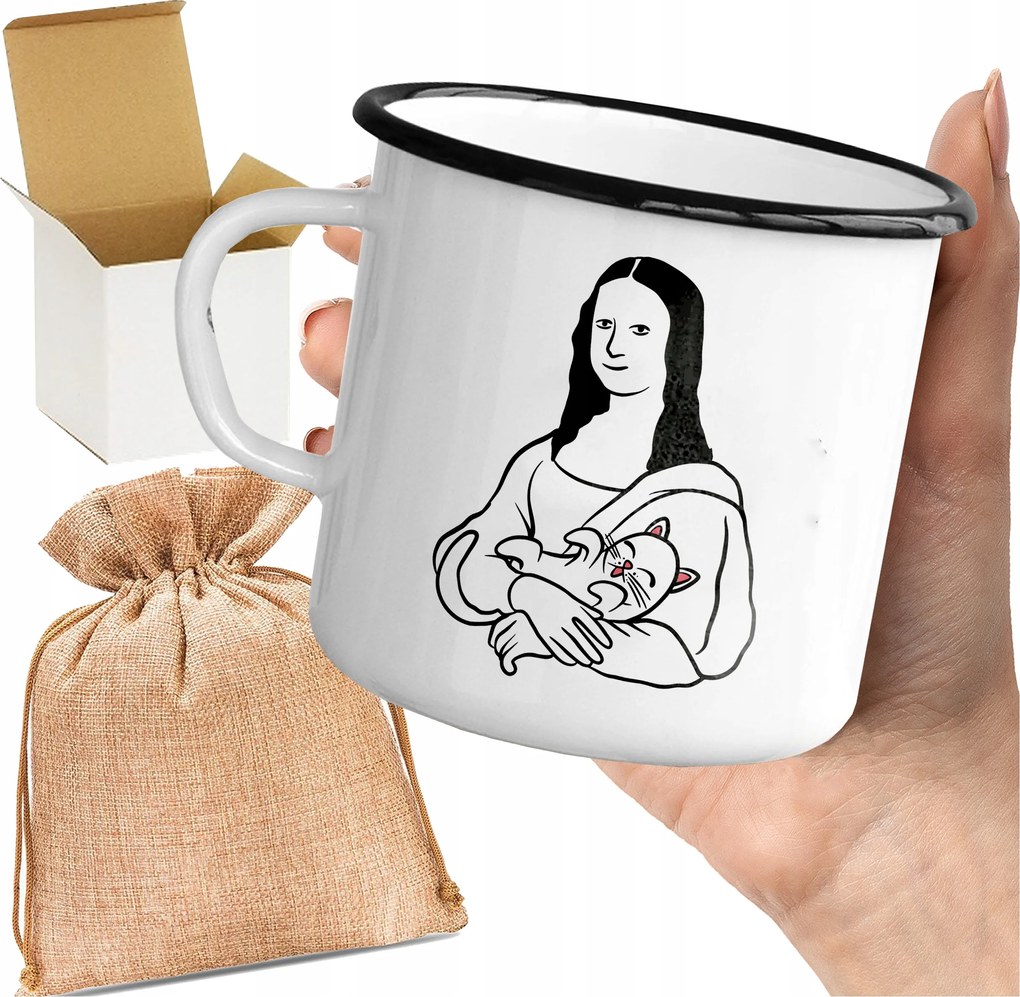 Bögre_emalinozott Monalisa Mintával, Macskával Vicces Bögre Cicáknak