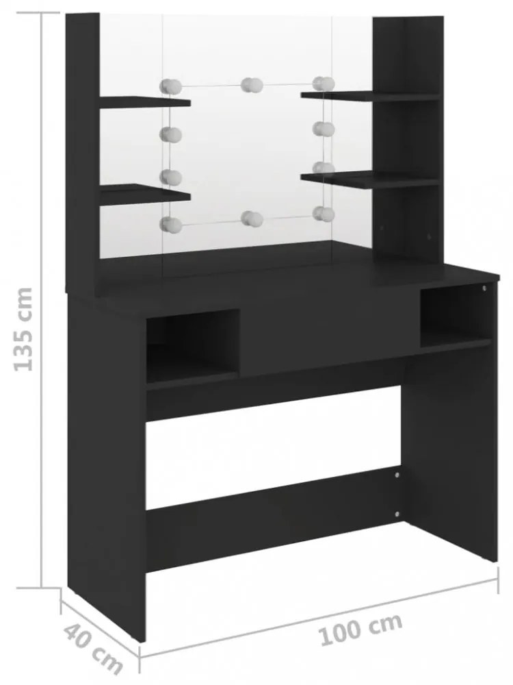 fekete LED-es MDF sminkasztal 100 x 40 x 135 cm