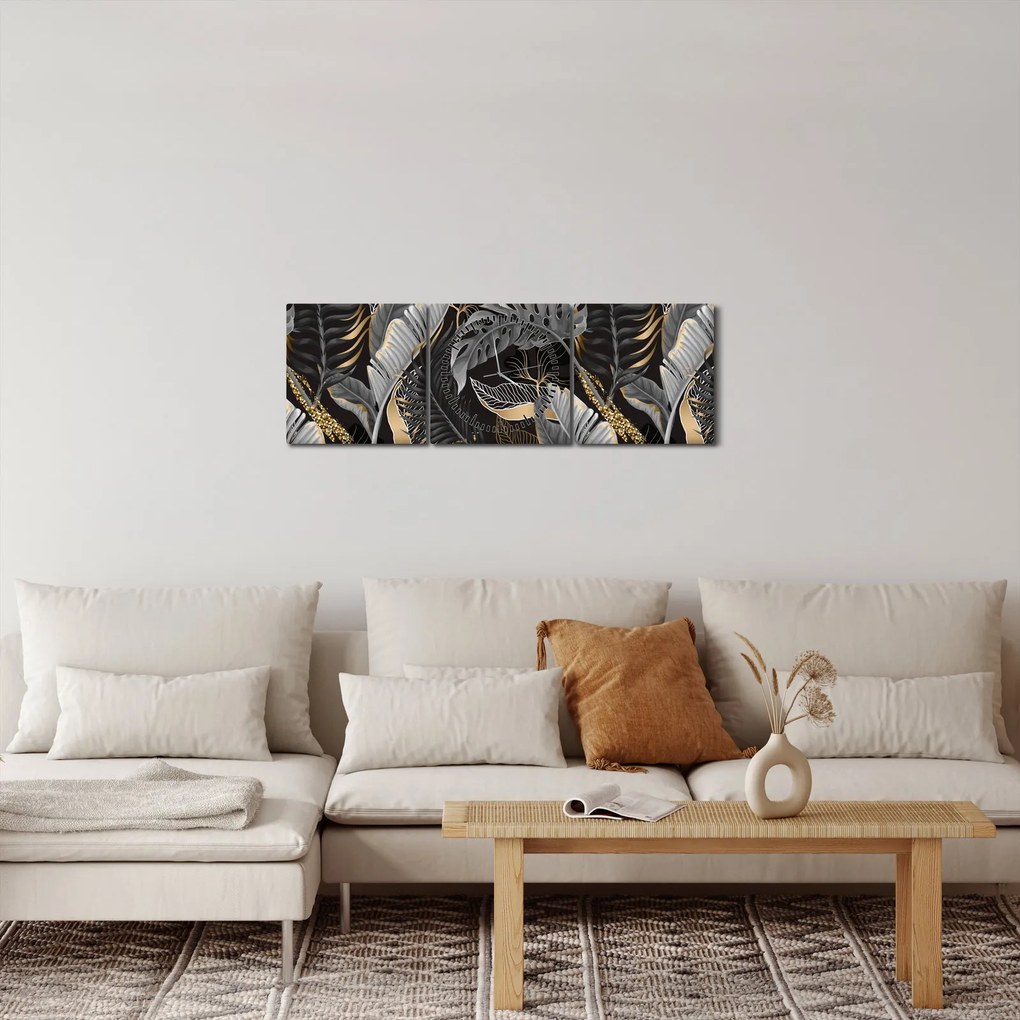 Kép - Trópusi levelek fekete és arany színben (órával) (90x30 cm)