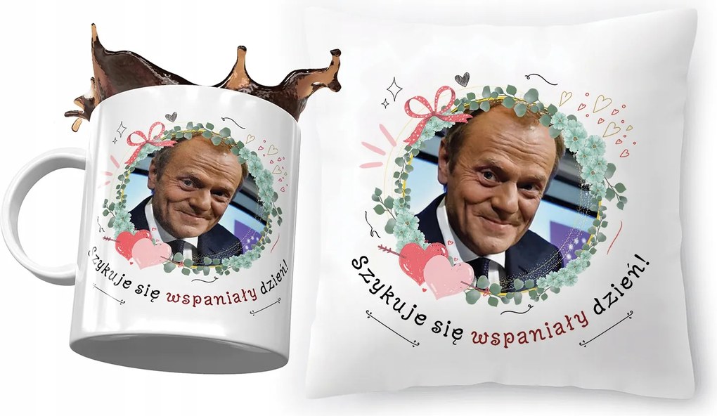 Donald Tusk Po párna bögre szett Ajándék fényképes nyomtatással