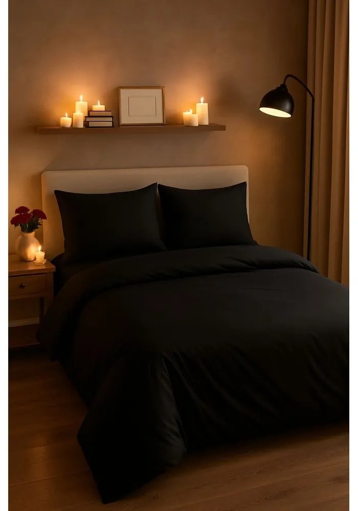 Fekete négyrészes kétszemélyes hosszabbított ágyneműhuzat lepedővel 200x220 cm Classic – Mila Home