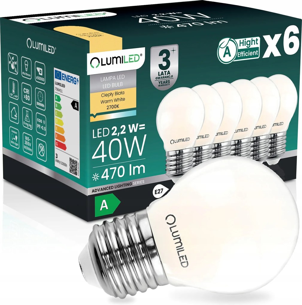 6 db E27 Led Izzó Filament A Osztály 2,2W 470LM 40W 2700K 360° Gömb
