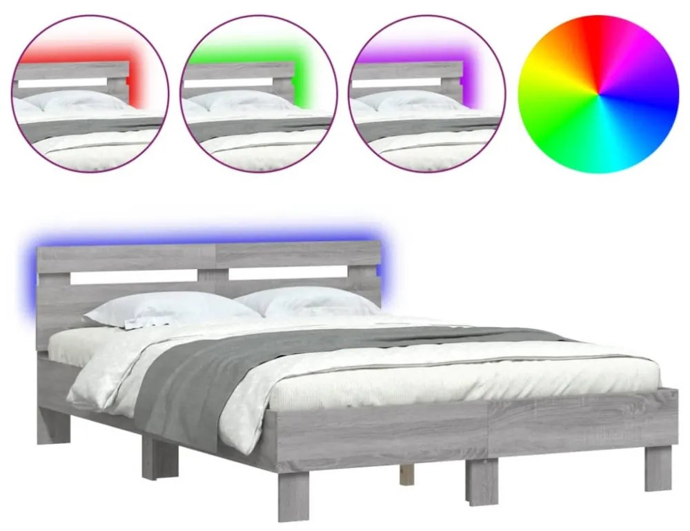 szürke sonoma színű ágykeret fejtámlával és LED-del 120x200 cm