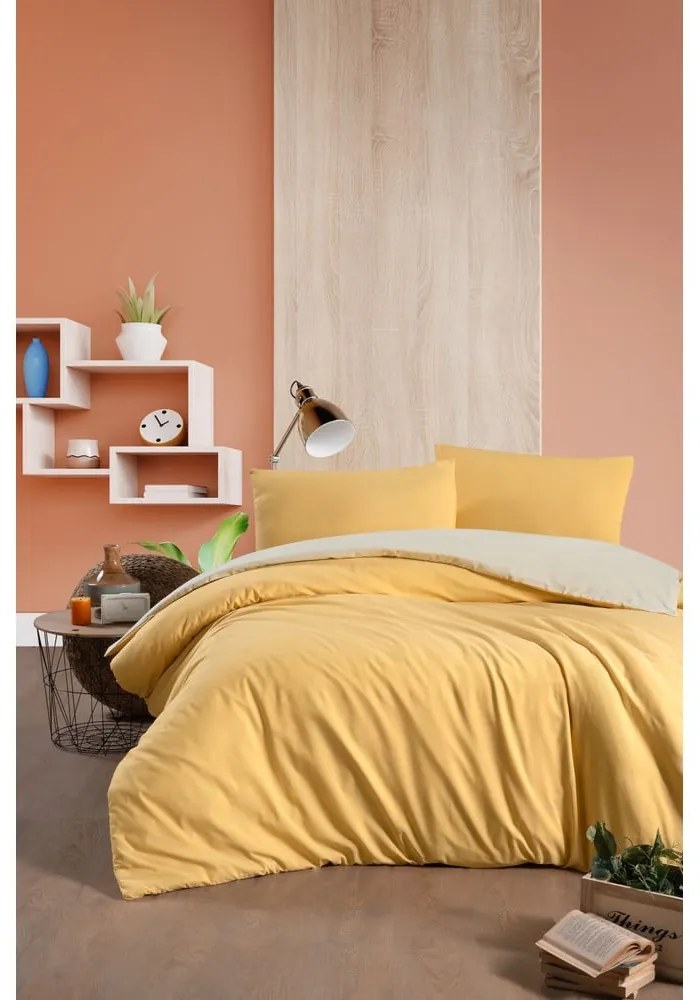 Sárga-krémszínű kétszemélyes-hosszabbított pamut ágyneműhuzat lepedővel 200x220 cm – Mila Home