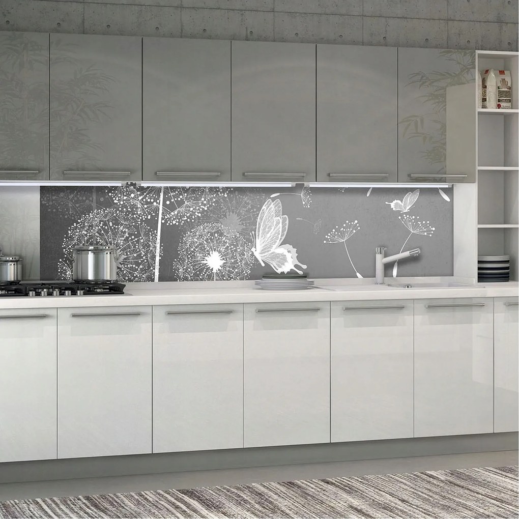 Flizelin fotótapéta Szürke pitypangok pillangókkal finomság 250x60 +ragasztó