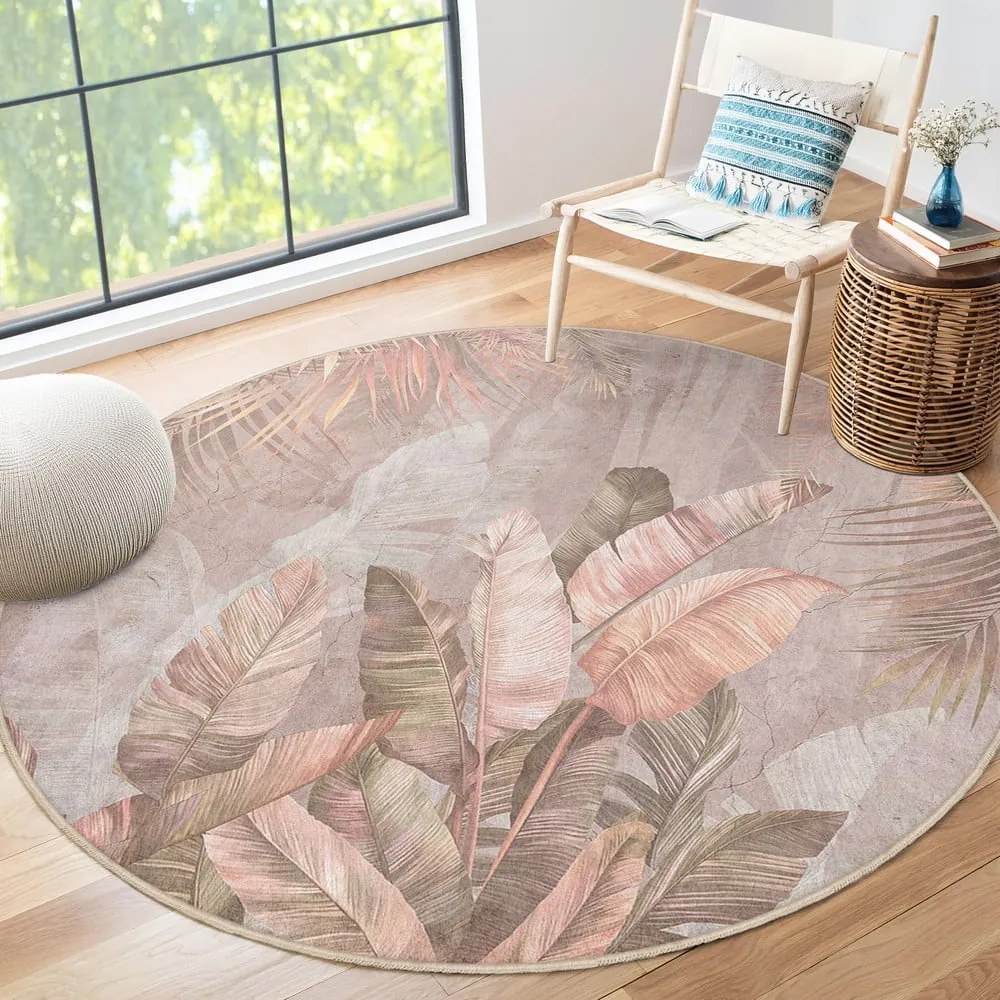Világos rózsaszín mosható kerek szőnyeg ø 150 cm Dusty Leaves – Mila Home