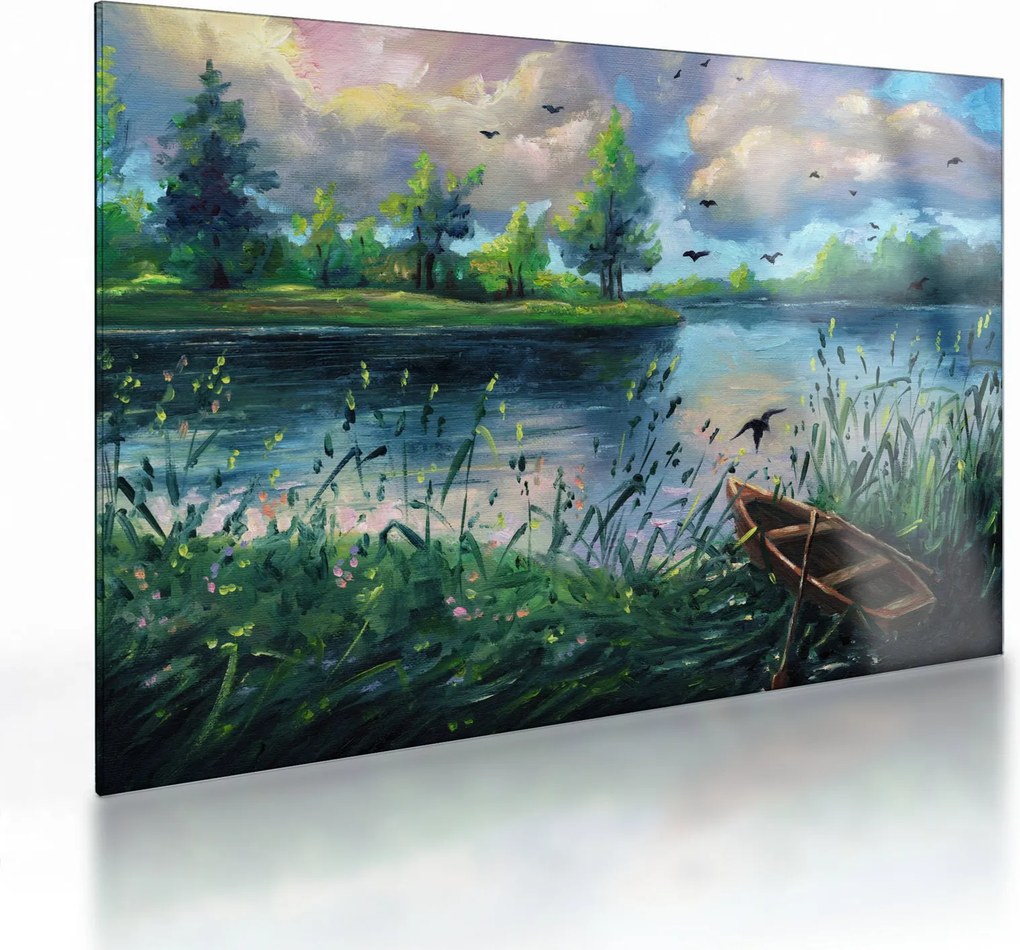 Kép - olajfestmény, Nyári este a tónál (üvegen) (70x50 cm)
