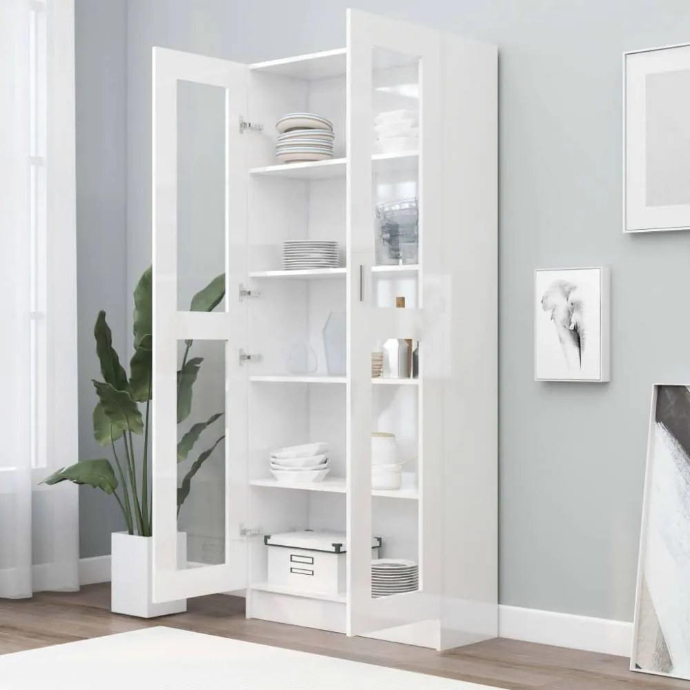 Magasfényű fehér forgácslap vitrinszekrény 82,5x30,5x185,5 cm