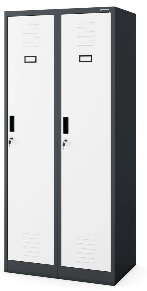 Pléh öltözőszekrény talpazaton, kétmodulos, polccal és köztes fallal KACPER, 800 x 1800 x 500 mm, antracit-fehér
