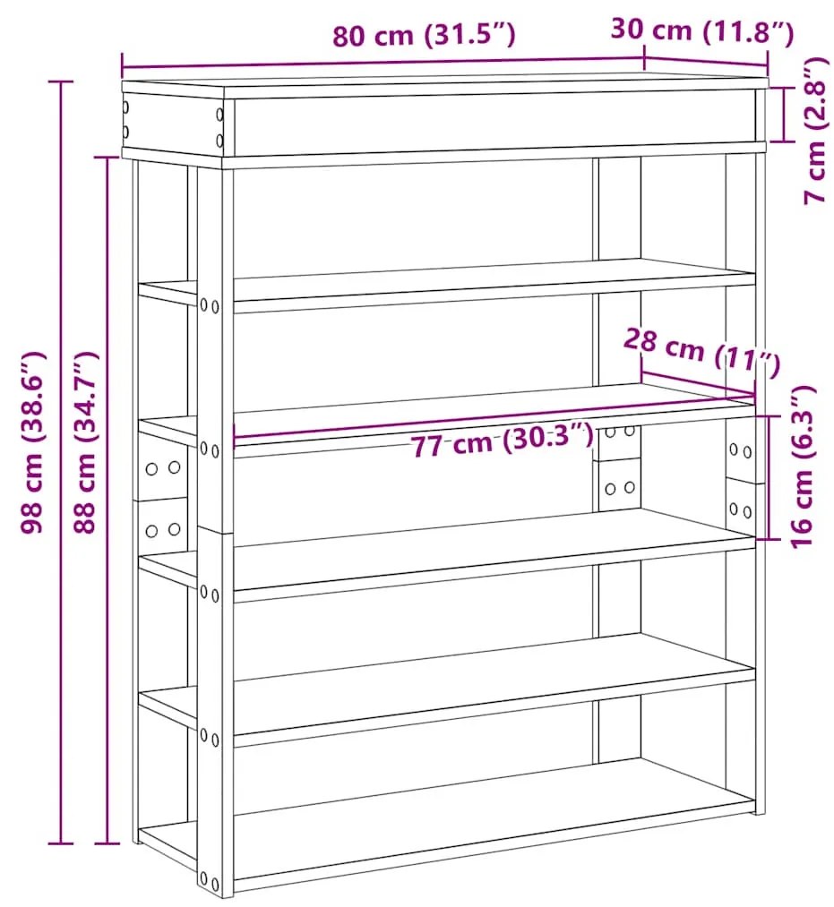 füstös tölgy színű szerelt fa cipőtartó 80x30x98 cm
