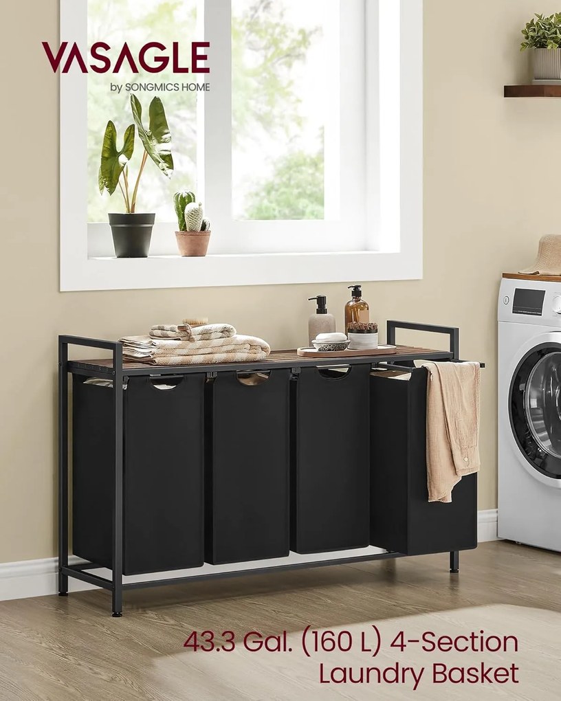 Szennyestartó, 4 rekeszes ruhaszeparáló kosár 116×33×72 cm, fekete és rusztikus barna
