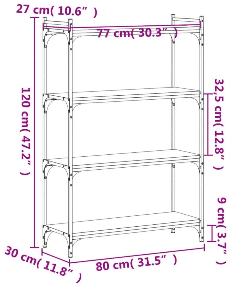 4 szintes fekete szerelt fa könyvespolc 80 x 30 x 120 cm