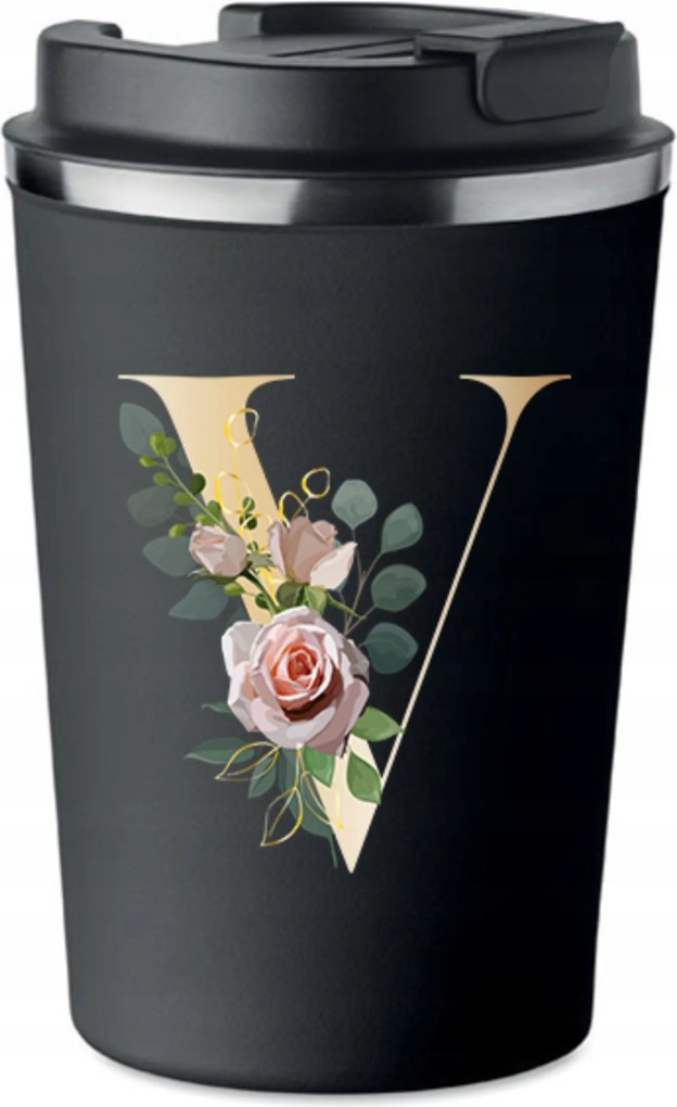Prémium termo bögre fekete V-betűvel monogrammal Viola KT_141_cz