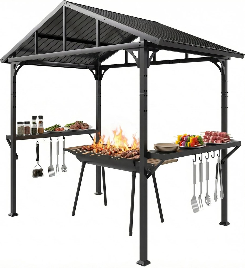 Outsunny BBQ Shelter Gazebo 252 x 156 x 248 cm Steel Hard Top with 2 Side Shelves & Hooks — Outdoor Grill Canopy for Patio, Garden, Yard, Black | Aoso