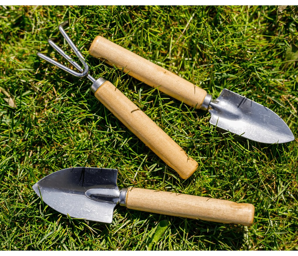 Kerti szerszámok, 3 db-os szett, természetes fa/ezüst, VERDE