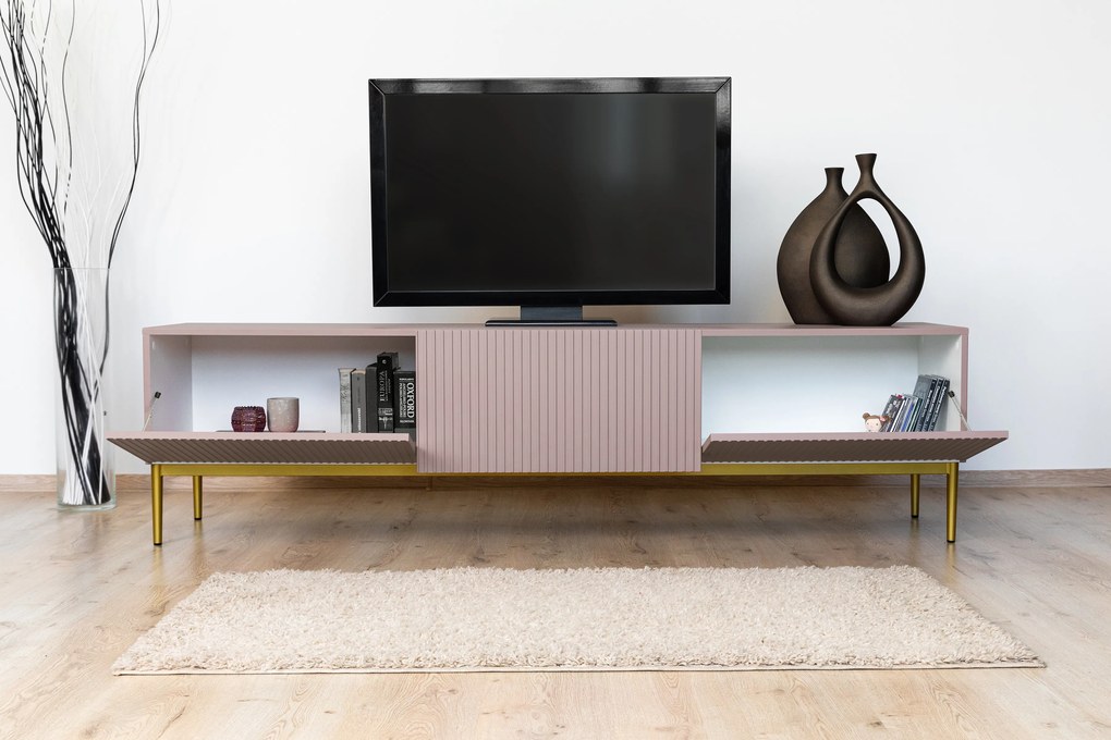 Nicole 200 cm-es TV-szekrény - antik rózsaszín MDF / arany lábak