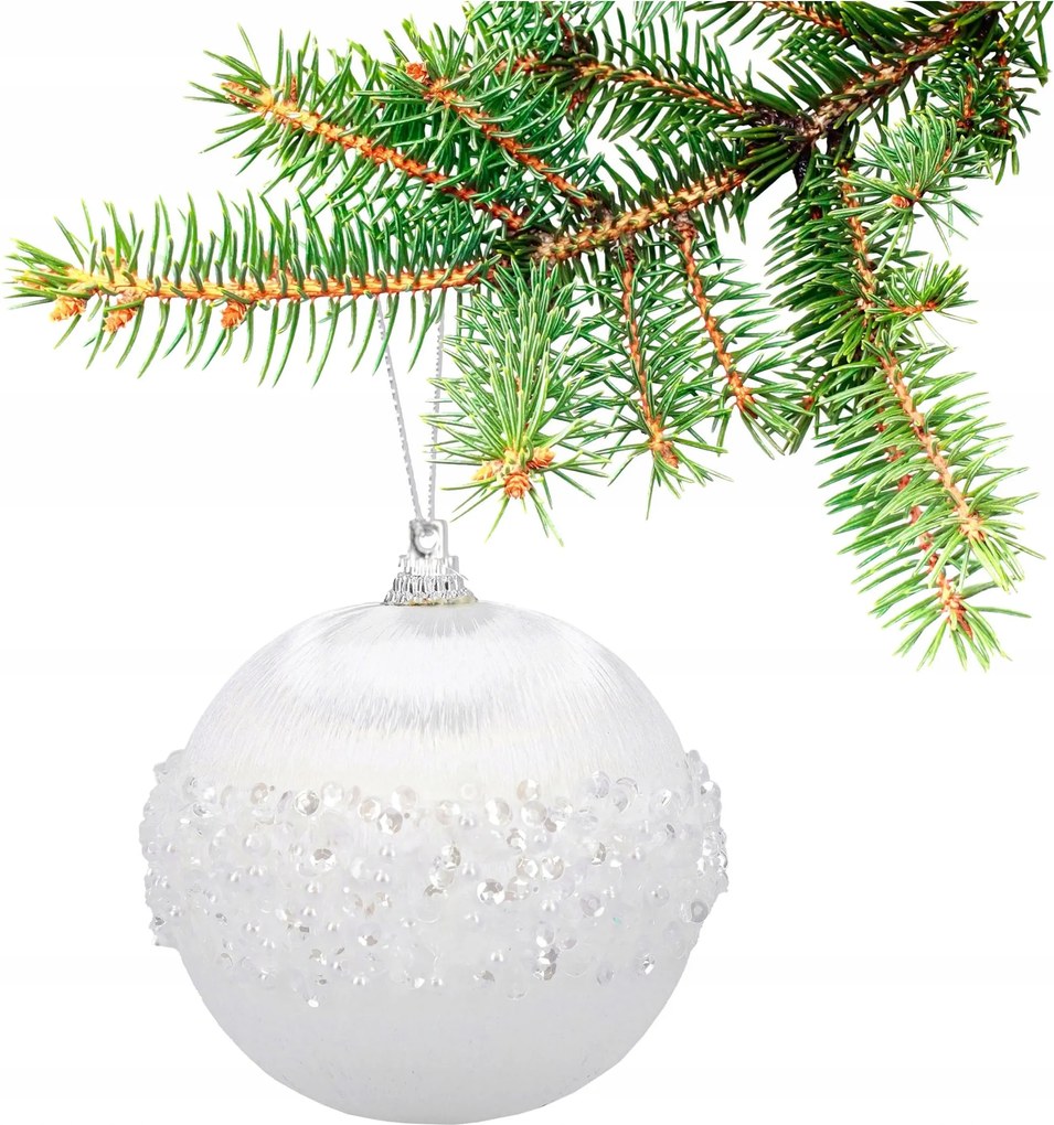 Karácsonyfadísz XXL 8 cm fehér, csillogó gyöngyökkel nagy díszgömb