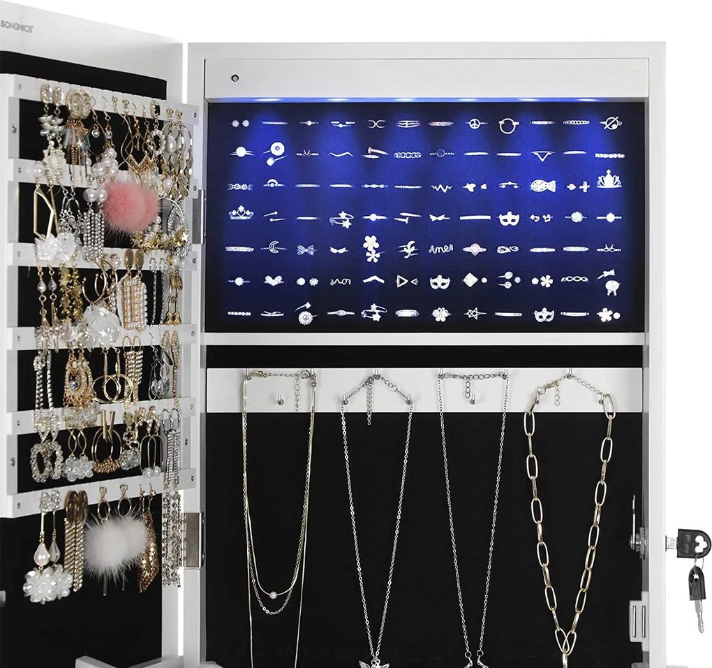 Led világító ékszerszekrény tükörrel, zárható ékszertartó 2 fiókkal, fehér