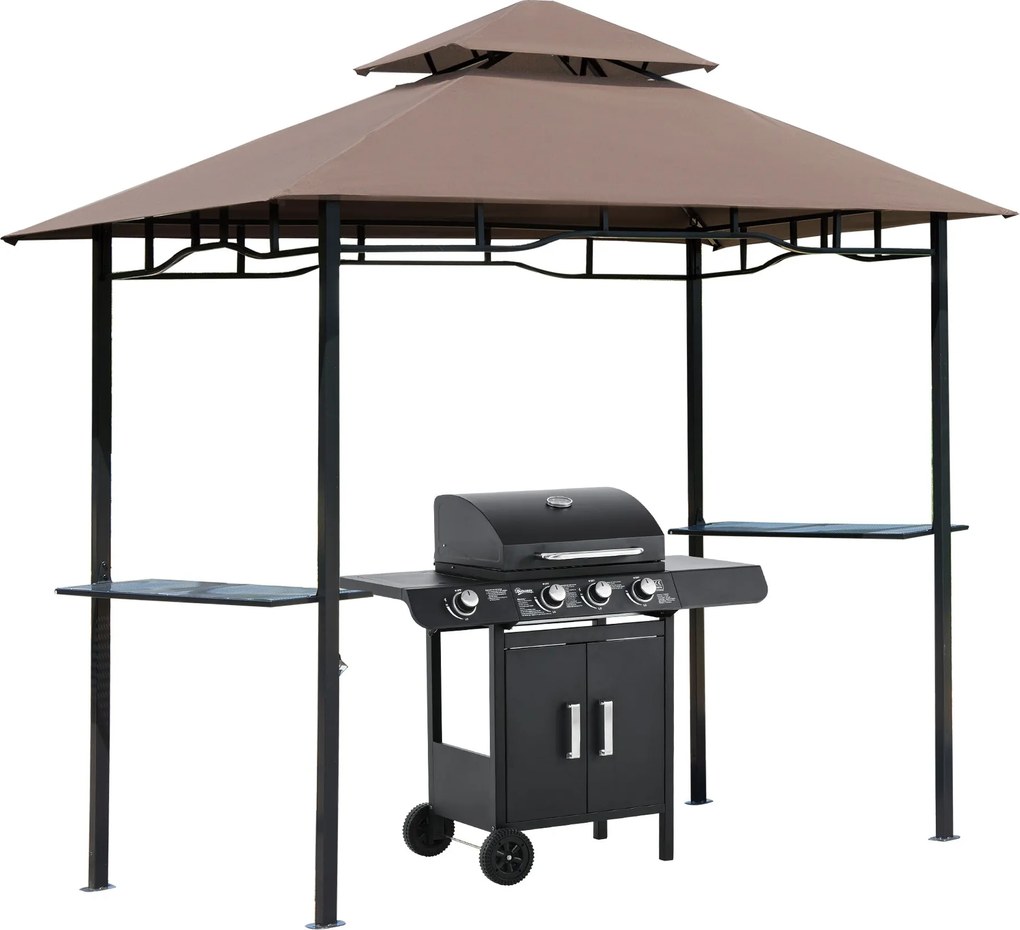 Outsunny Grill Pavilon Kert Canopy Grill Pavilon Erkély Pavilon Polcokkal Tűzálló Két Rétegű Tető Kávébarna 245 x 148 x 252 cm | Aosom