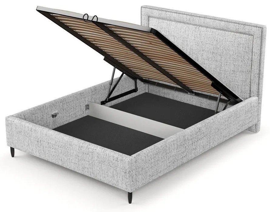 Világosszürke kárpitozott ágyneműtartós franciaágy ágyráccsal 160x200 cm Baleine – Maison de Rêve