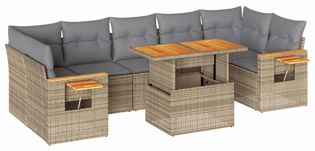 8 részes bézs polyrattan akácfa kerti ülőgarnitúra párnával