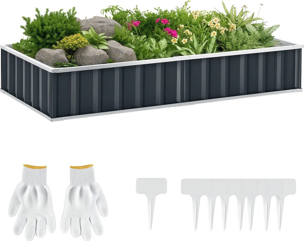 Outsunny Városi Kert 174x90x30 cm Acél Kerti Ágy, Kesztyűvel - Szürke | Aosom