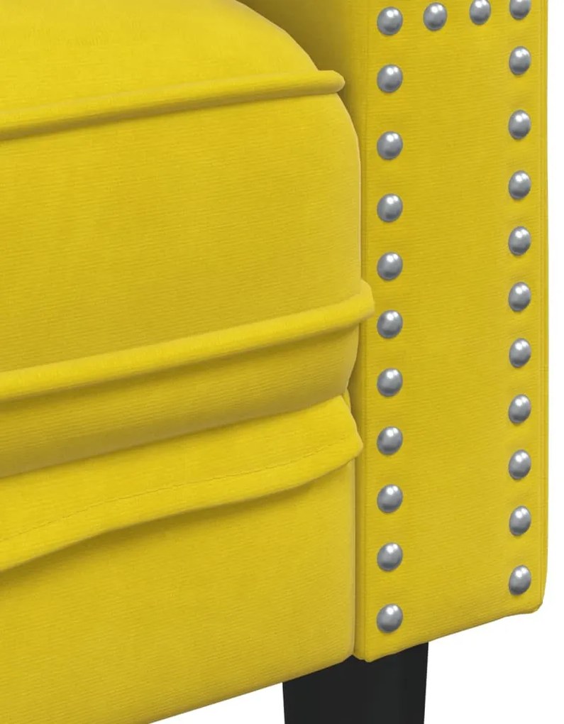 3 személyes sárga bársony Chesterfield kanapé hengerpárnákkal
