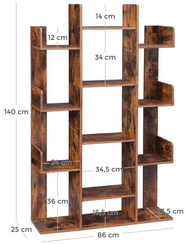 Könyvespolc, fa alakú könyvespolc 13 tároló polccal, 86 x 25 x 140 cm