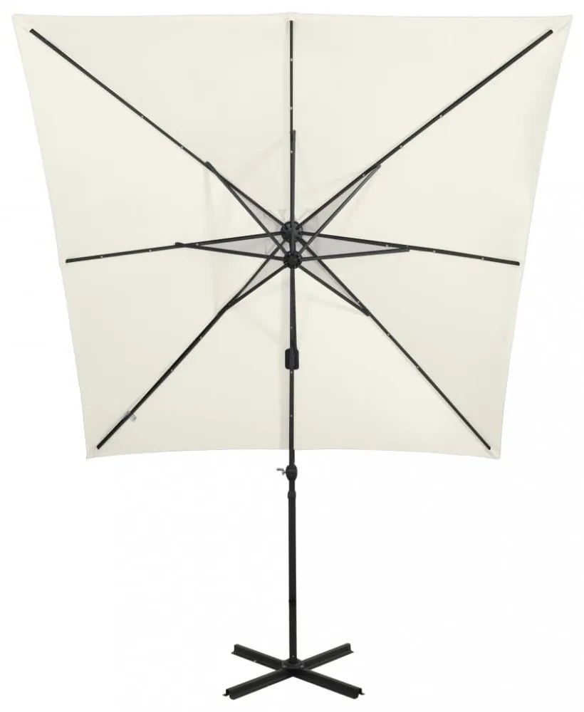 homokszínű konzolos napernyő rúddal és LED-fényekkel 250 cm