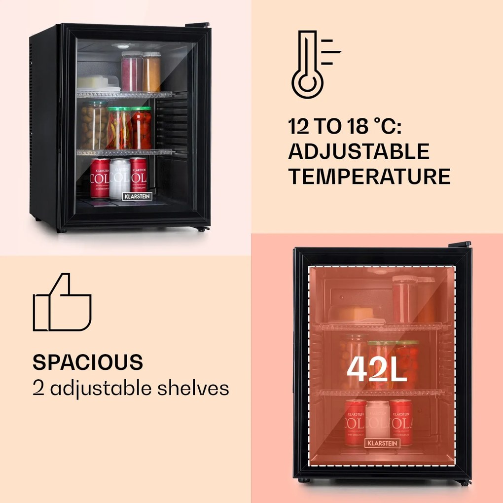 Klarstein Brooklyn 42, mini hűtőszekrény, üvegajtó, LED világítás, polcok