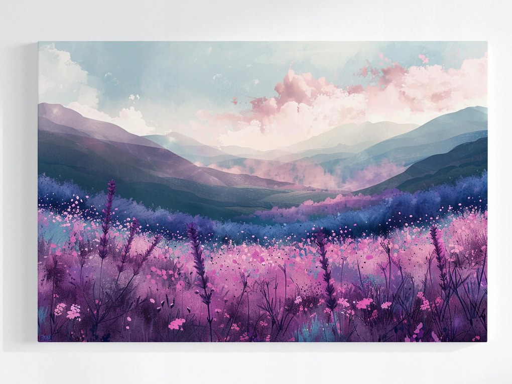 Vászonkép Canvas Tájkép Hajnal Hegyek Rét Virágok Köd 120x80