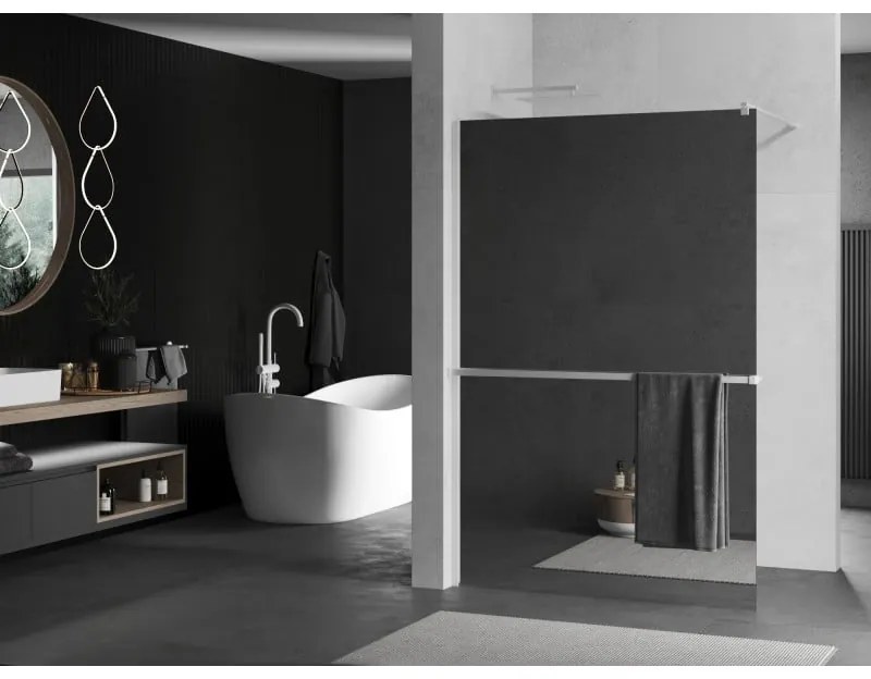 Mexen Kioto+, Walk-In zuhanyparaván polccal és akasztóval 70 x 200 cm, 8 mm tükörmintás üveg, fehér profil, 800-070-121-20-50